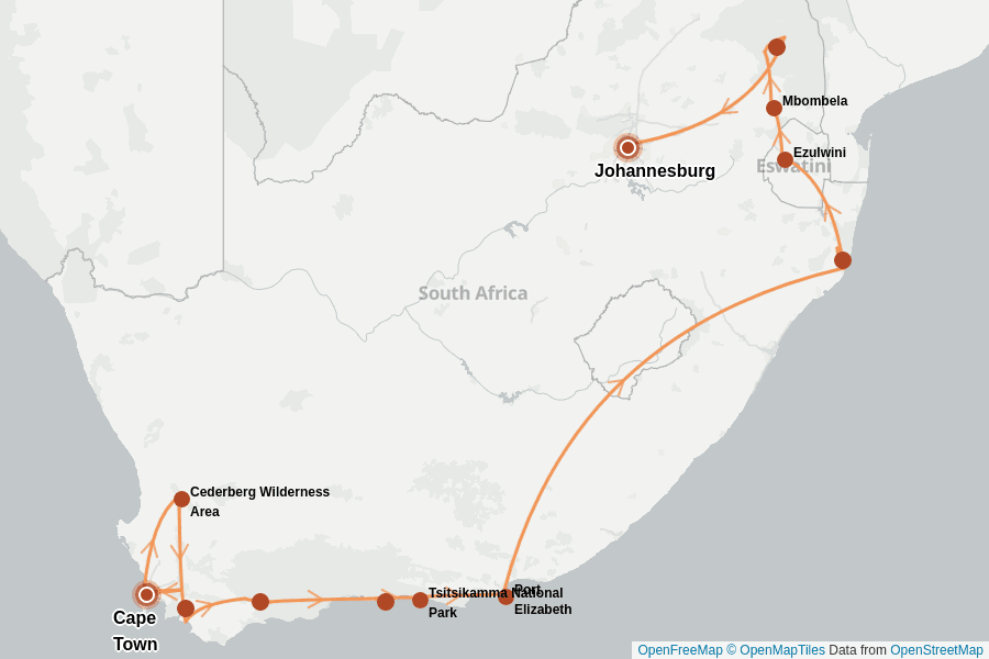 Itinerary Map image for Südafrika: Kapstadt, Kruger & Garden Route