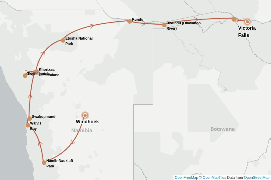 Itinerary Map image for Namibia & Botswana: Safari & Victoriafälle erleben