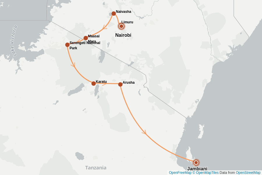 Itinerary Map image for Kenia & Tansania: Safari & Sansibar erleben