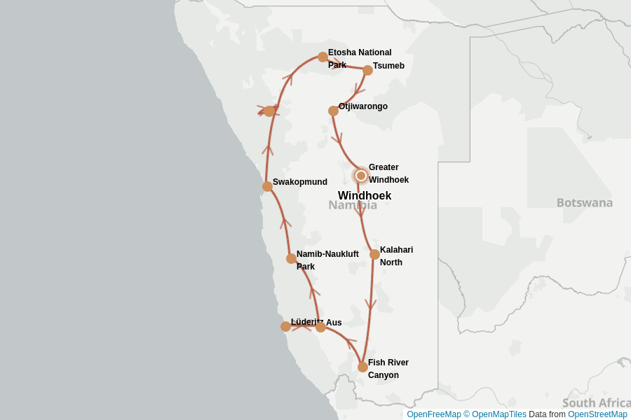 Itinerary Map image for Namibia Comfort: Kalahari, Wüste & Etosha