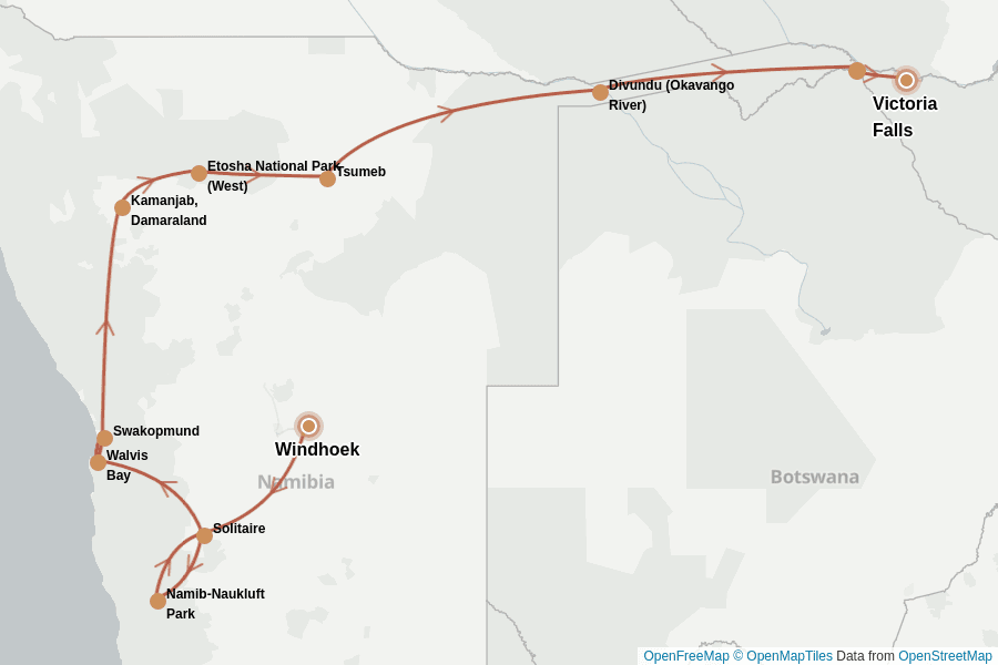 Itinerary Map image for Namibia & Botswana: Erlebe Safari & Victoriafälle
