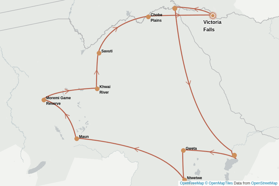 Itinerary Map image for Botswana intensiv: Safari, Fluss & Salzpfannen