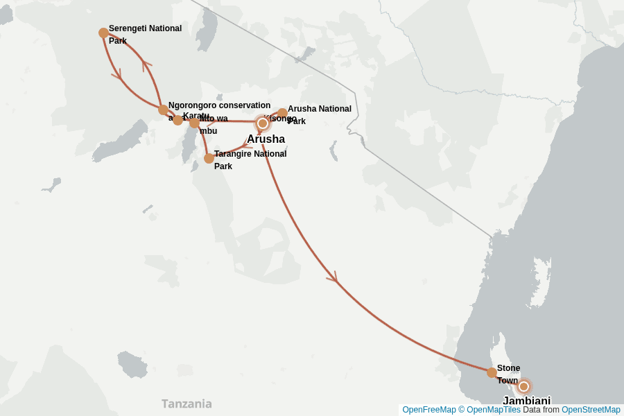 Itinerary Map image for Tansania & Sansibar: Safari & Strand erleben